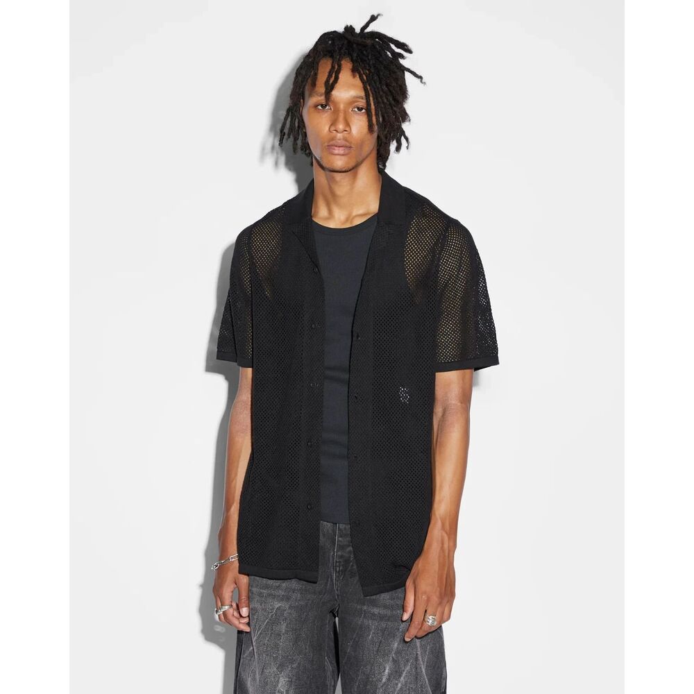 KSUBI Shirt Mens XL Black Button Up Sheer Mesh Knit NET WORTH RESORT